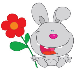 Happy bunny holds flower