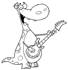Outlined Mascot Cartoon Character Guitarist Dino