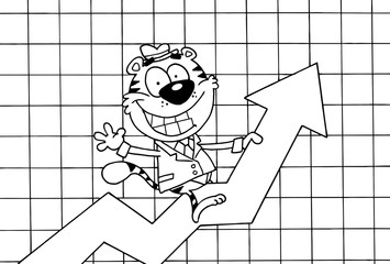 Outlined Cartoon Character Happy Tiger Riding On Success