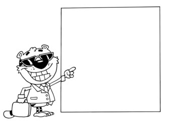 Outlined Business Tiger Pointing To A Blank Sign