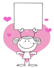 Outlined Female Stick Cupid Holding A Blank Sign