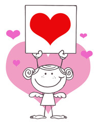 Outlined Girl Stick Cupid Holding A Red Heart Sign