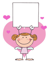 Red Haired Female Stick Cupid Holding A Blank Sign