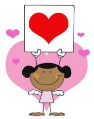 Stick Hispanic Girl Cupid Holding A Red Heart Sign