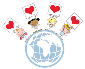Stick Cupids Holding Heart Signs On A Globe