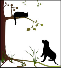 Cat on tree and dog