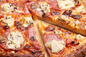 Pizza with cheese, salami and mushrooms