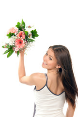 Woman throw away beautiful flowers roses wedding bouquet