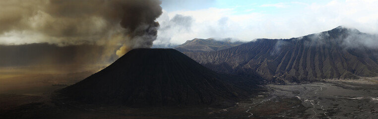 Ash eruption of the Bromo volcano. Java island. Indonesia