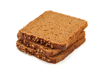 Three slices of brown bread isolated on white background