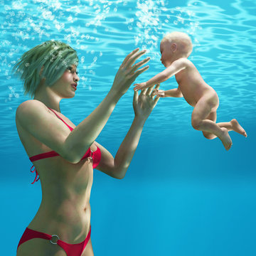 baby and mother swim underwater