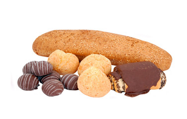 Bakery, variety of bread, still life on white background