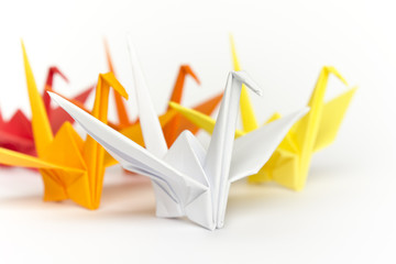 A group of colourful paper birds, shallow depth of field