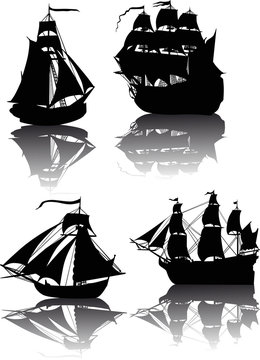 four ships with reflections isolated on white