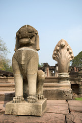 Fototapeta na wymiar Singh statues at Phimai historical park in Thailand