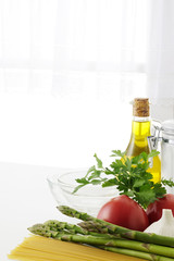 Foodstuffs on kitchen table