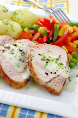 Pork meat with vegetables and sauce