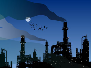 Oil refinery factory and night, vector illustration