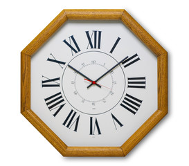 Clock in the shape of an octagon, made out of wood, isolated
