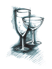 hatched pencil sketch of two glasses
