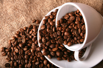 cup, dish and beans of coffee