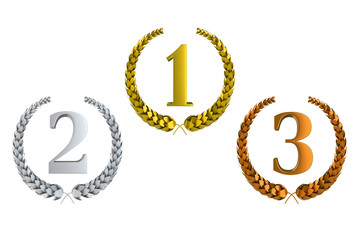 first second and third prize 3d laurels isolated on white
