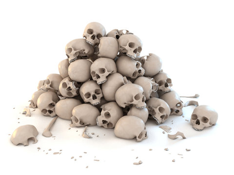 pile of skulls isolated over white 3d illustration