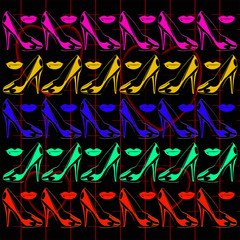 Fototapeta premium rows of multicolored high heel shoes with lips on black