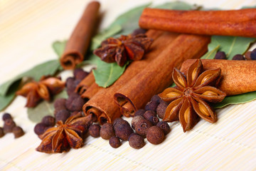 Pack of several oriental spices, anise, cinnamon, pimento