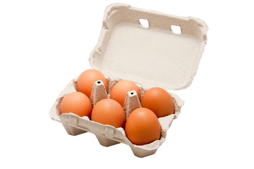 Open egg carton box showing six eggs isolated on white
