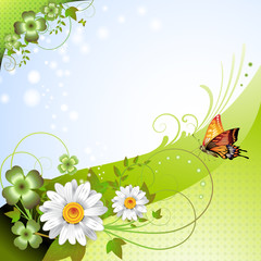 Springtime background with flowers and butterflies