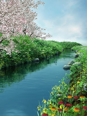 Panele Szklane  Wiosenna sceneria z rzeką i kwitnącymi drzewami