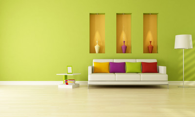 green living room with niche - obrazy, fototapety, plakaty