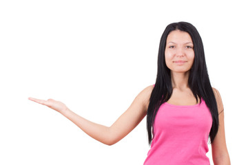 Smiling woman showing copy space for product