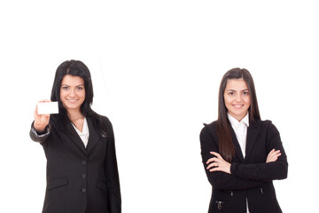 Bussiness women showing a blank card isolated