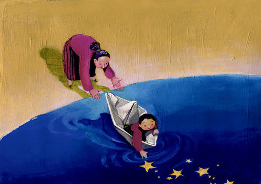 children and migration mother who pushes the child to life the dream and the world surreal painting 