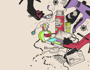 vector background with cosmetics, shoes, make up  and care