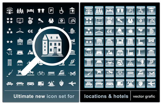Location-Icon Set, Piktogramme, Ausstattungsmerkmale und Zeichen f&uuml;r Hotels und Gastst&auml;tten