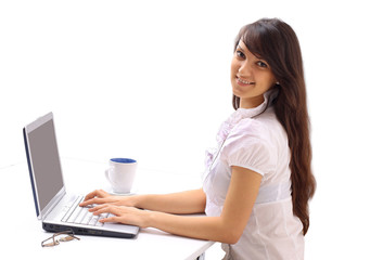 Fototapeta premium The beautiful business woman with the computer