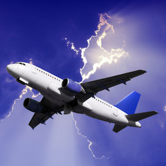 passenger airplane, bottom view, cloudy sky