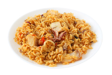 rice with squid and fish on a plate