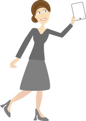 Woman in casual business attire holding up tablet pc