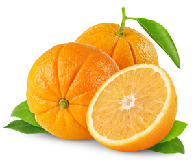 Isolated oranges. Two whole orange fruits and a half isolated on white background