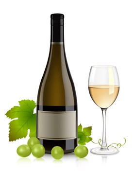 White wine bottle, glass and grape