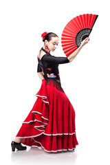 young woman dancing flamenco isolated on white - obrazy, fototapety, plakaty