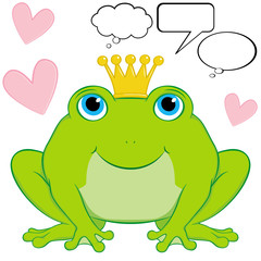 Vector cute frog prince with speech and thought bubbles