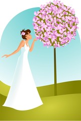 Ilustracja przedstawiająca kobietę w białej sukni w ogrodzie.