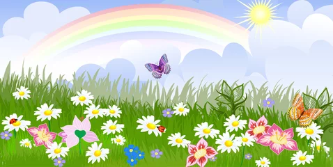 Photo sur Aluminium Papillon Pelouse fleurie panoramique