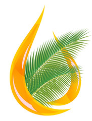 Palm oil. Stylized drop of oil and palm leaves.