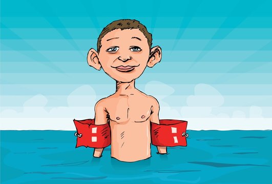 Cartoon of a boy with armbands in the water
